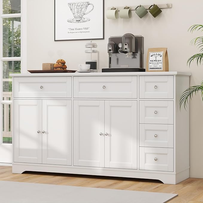 Giantex Large Buffet Cabinet with Storage, 59” Kitchen Cabinet with 4 Doors, 6 Drawers & 2 Adjustable Shelves, Modern Sideboard for Living Room, Coffee Bar, White