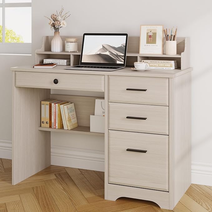 4 EVER WINNER Small Desk with Drawers, Computer Desk with File Cabinet & Monitor Stand, Home Office Desks with Drawers, Wood Writing Desk for Bedroom, Off White