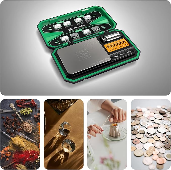 Digital Pocket Scale Precision 200g/0.01g, Digital Scale Grams Ounces, Mini Jewelry Scale, Coins Scale with 50g Cal Weights for Gold/Silver/Gems/Food,(Battery Included)-Green