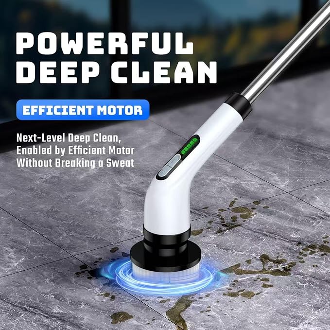 Electric Spin Scrubber - Cordless Bathroom Scrubber with 7 Brush Heads - Dual Speed IPX7 Waterproof Power Scrubber for Heavy-Duty Bathtub, Glass, Tile, and Car Cleaning (White)