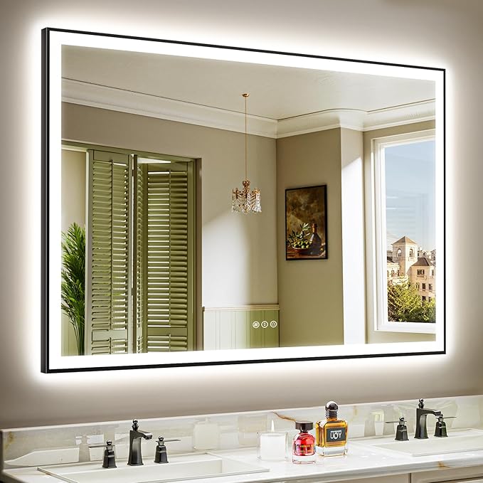 60x40 Inch LED Bathroom Mirror with Lights (Front Lit and Backlit) Black Framed Lighted Vanity Mirror for Bathroom Wall Dimmable Anti-Fog Memory Tempered Glass Horizontal/Vertical
