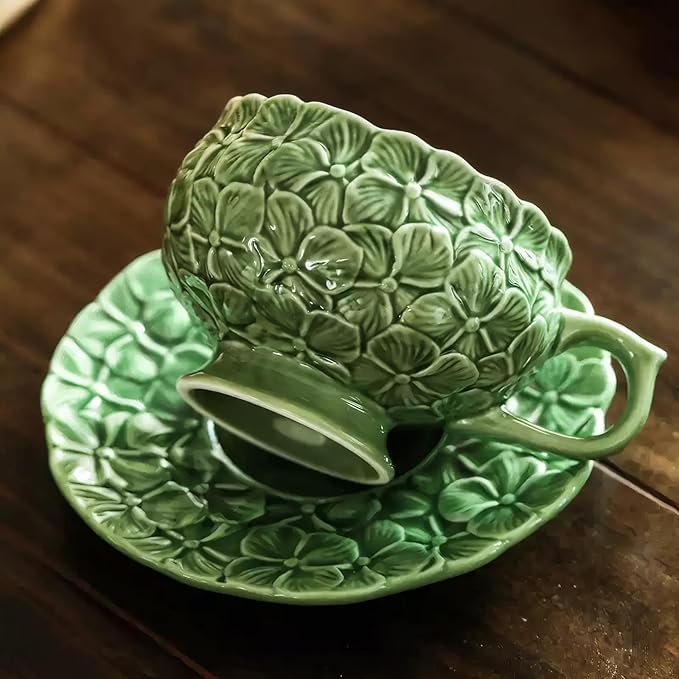 KAMMAK Tea Cups and Saucers Set of 2, Porcelain Coffee Cups, 8.5-Ounce Stackable Espresso Mugs, Ceramic Demitasse for Coffee, Latte, Americano, Tea, Green Flower