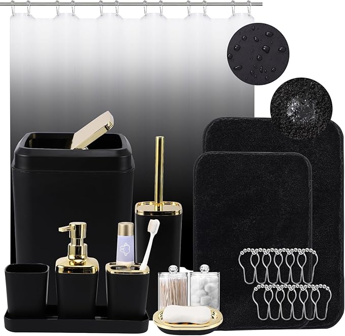 Bathroom Set - Black Bathroom Accessories Set, Bathroom Sets with Shower Curtain and Rugs, 24PC Shower Curtain Set with Hooks, Soap Dispenser, Soap Dish, Toilet Brush Holder and Trash Can