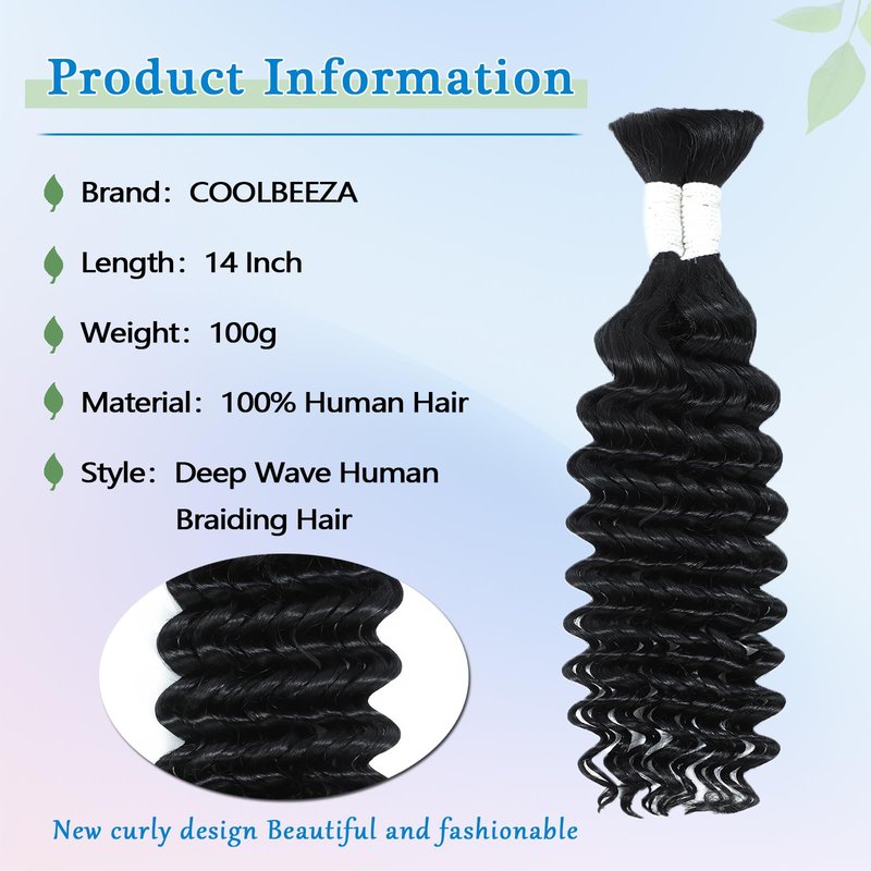 Coolbeeza Human Braiding Hair for Boho Braids 100g 14 Inch Deep Wave Bulk Human Hair 12A Brazilian Virgin Boho Hair for Braiding Wet and Wavy No Weft 2 Bundles/Pack Hair Extensions