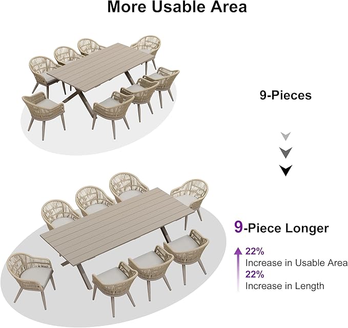 PURPLE LEAF 9 Piece Longer Patio Dining Set with Outdoor Aluminium Dining Table and Woven Chairs Modern Metal Furniture Cushions Sets for Garden Yard Indoor Decor Kitchen Champagne