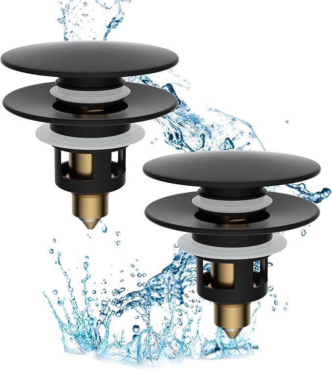 Hibbent 2 Pack All Metal Upgraded Bathroom Sink Stopper, Universal Pop Up Sink Drain Strainer, Brass Bullet Core Push Type Sink Stopper for 1.1''~2.3''' Basin, Anti Clogging Drain Filter, Matte Black
