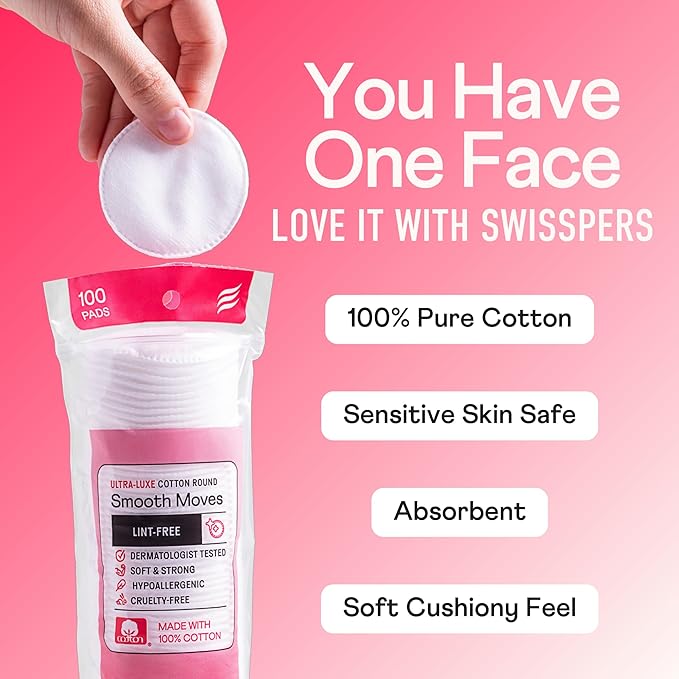 Swisspers Smooth Moves Ultra-Luxe Premium Cotton Rounds, Hypoallergenic Makeup Remover Pads for Sensitive Skin, USA Made, Vegan, Lint-Free, Paraben Free, 100 Count 6-Pack