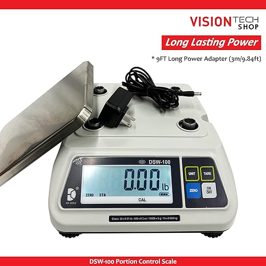 VisionTechShop DSW-100 Portion Food Scale with Single LCD Display, Stainless Steel Platter, 30lb Capacity, 0.01lb Readability, Lb/Oz/Kg/g Switchable, NTEP COC #22-007, NSF Certified