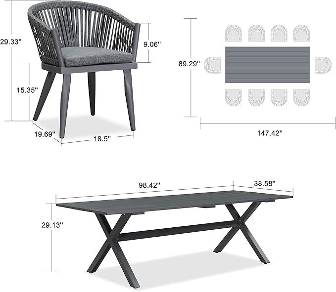 PURPLE LEAF 11 Pieces Outdoor Dining Set with Patio Aluminium Dining Table and Wicker Rattan Chairs Modern Furniture Cushions Sets for Backyard Indoor Decor Kitchen Grey