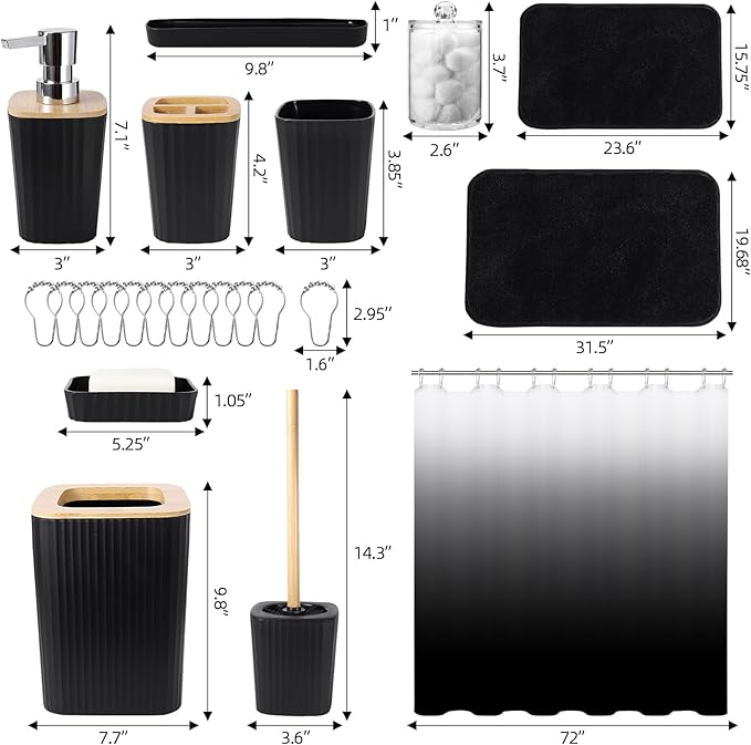 Bathroom Sets with Shower Curtain and Rugs,Black Bathroom Set with Bathroom Trash Can,Soap Dispenser,Toilet Brush,Toothbrush Set,Qtip Holders for Housewarming