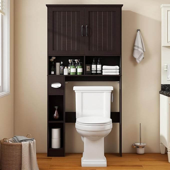 Vabches Over The Toilet Storage Cabinet, Farmhouse Storage Cabinet Over Toilet with Barn Door& Toilet Paper Holder Stand，Home Space-Saving Toilet Rack, for Bathroom, Restroom, Laundry.(Walnut)