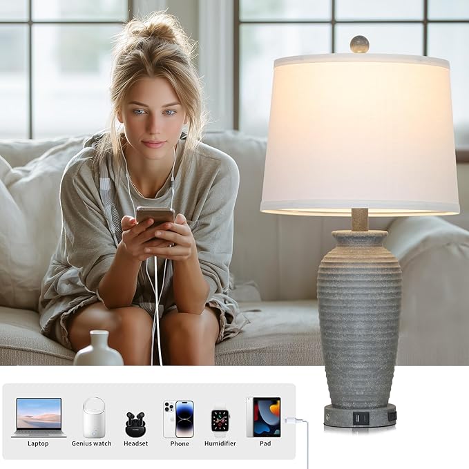 25" Grey Farmhouse Jar Table Lamps, 3 Way Touch Control Rustic Bedside Lamps with USB A+C Ports & AC Outlet, Pot Nightstand Lamps for Bedroom End Table (LED Bulbs Included)