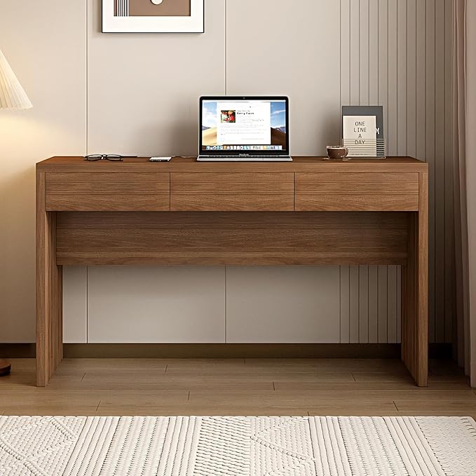 55-Inch Office Desk with Pull-Out Outlet, Computer Desk with 3 Sturdy Drawers, Writing/Gaming/Work/Study Desk for Bedroom, Living Room & Home Office, Brow (Brown, 55)