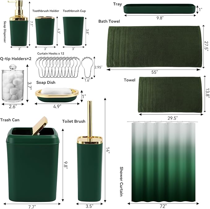 Dark Green Bathroom Accessories, 24 Pieces Green and Gold Bathroom Accessories Set with Shower Curtain, Bath Towels, Trash Can, Soap Dispenser and Soap Dish for Bathroom/Housewarming