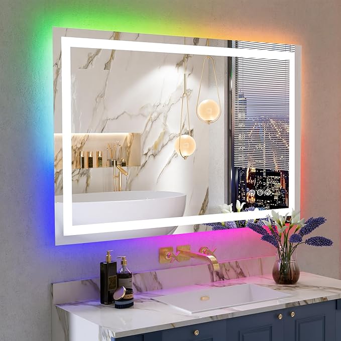 48x36 Inch RGB LED Bathroom Mirror Front Light and RGB Backlit Lighted Vanity Mirror for Bathroom Wall Mounted Dimmable Anti Fog Memory Shatter-Proof IP54 Waterproof Horizontal/Vertical