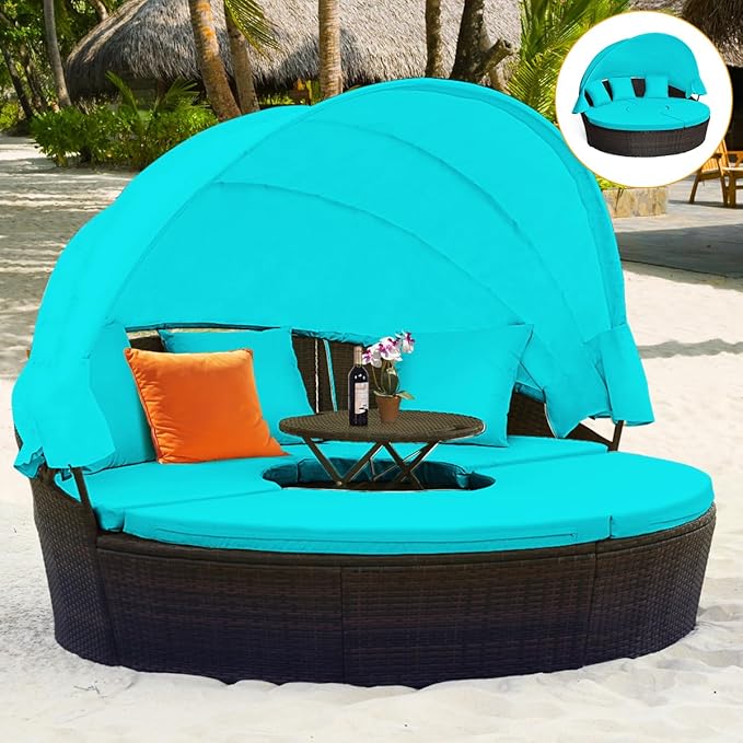 COSTWAY Patio Round Daybed with Retractable Canopy, Wicker Furniture Sectional Couch with Separate Cushioned Seats, Adjustable Table Top, Patio Rattan Daybed Sofa for Poolside, Turquoise