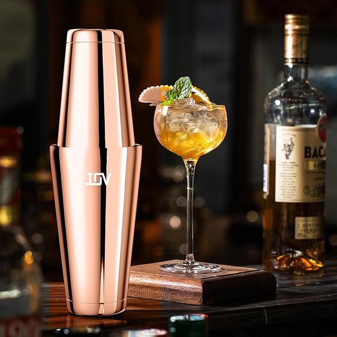 IOV Boston Cocktail Shaker Set, 18oz & 28oz Stainless Steel Weighted Shaker Tins, Metal Martini Drink Mixer for Bartending, Professional Bar Tools with Cocktail Recipe Guide, Rose Gold