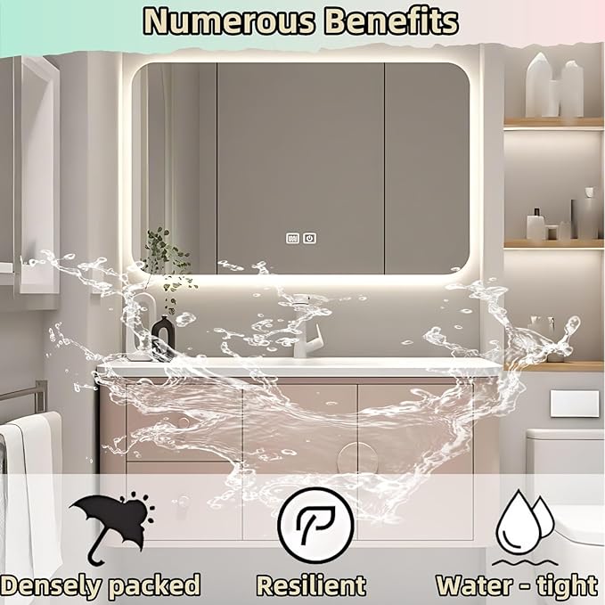 36IN Pink Modern Bathroom Vanity - Bathroom Vanities Set with 2 Drawers Wall Mounted | Rounded Corner Smart Defogging Mirror Cabinet with Lighting & Time Display, Side Opening Storage Shelf (Style A)