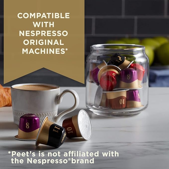 Peet's Coffee, Dark and Medium Roast Espresso Capsules Variety Pack with Decaf, Compatible with Nespresso Original Machine - Intensity 8-11, 50 Count (5 Boxes of 10 Espresso Capsules)