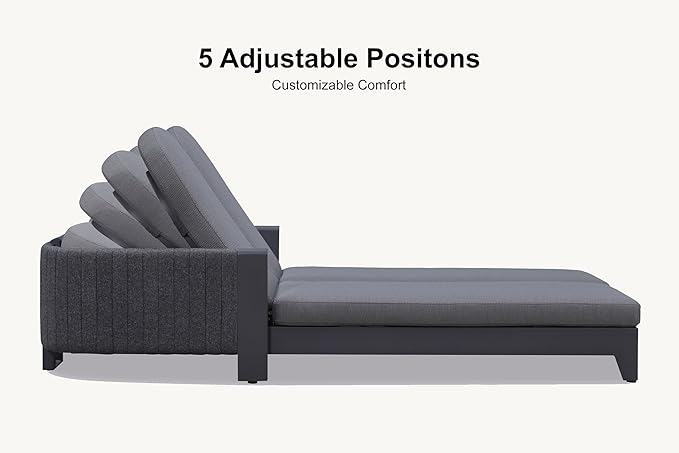 PURPLE LEAF Outdoor 2-Person Chaise Lounge with Cushions Patio Sun Chair Adjustable Backrest Reclining Chair for Poolside Moon Basalt