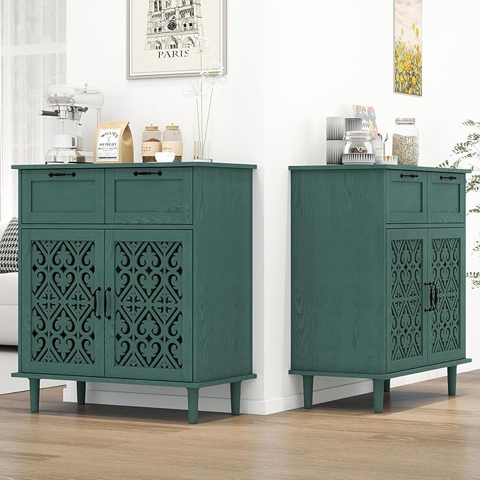 Kitchen Storage Cabinet with Drawers - Accent Cabinet with Carved Door, Floor Sideboard Buffet with Storage, Small Wood Credenza for Living Room, Dining Room, Entryway, Green