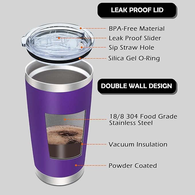 20oz Tumbler Bulk Stainless Steel Tumblers with Lid Vacuum Insulated Double Wall Travel Coffee Mug Powder Coated Tumbler Cup for Hot and Cold Drinks(Purple, 1 pack)