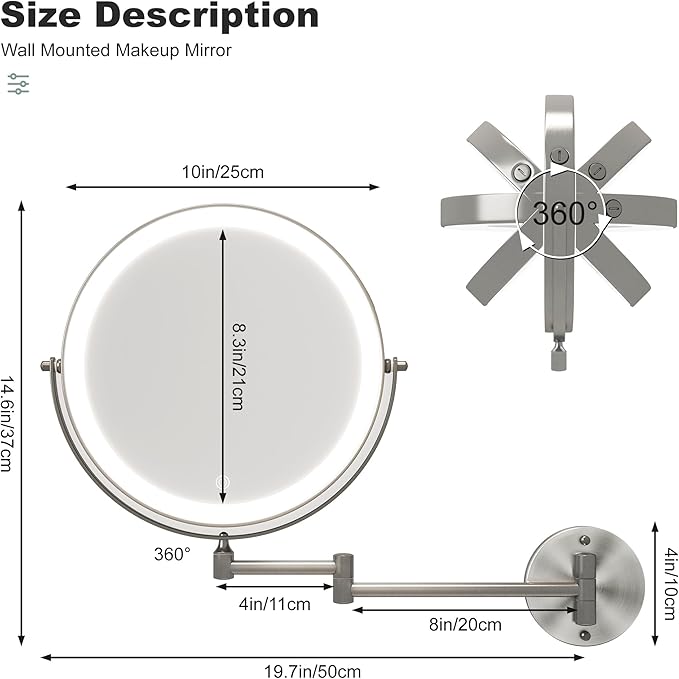 Hasipu 10-Inch Wall Mounted Makeup Mirror with Magnification, Rechargeable 3000 mAh Vanity Mirror with Lights, Bathroom Mirror with Dimmable Brightness, 3 Lighting Modes, Extendable Arm, Nickel