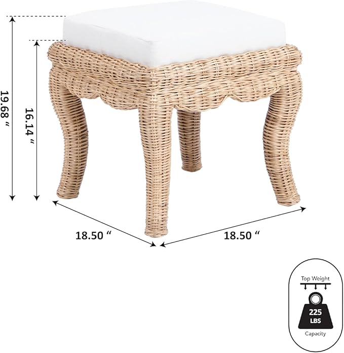 JONATHAN Y VSL1000A Rowan 19.7" Bohemian Designer Woven Rattan/Wood Vanity Stool, White Cushion with Natural Frame, for Living Room, Bedroom, Entryway, Foyer