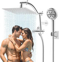 Hibbent All Metal Shower Head, 8'' High Pressure Rain Shower Head/Handheld Showerhead Combo with 16'' Adjustable Arc-shaped Extension Arm, 10 Sprays, 71'' Hose, Adhesive Showerhead Holder, Chrome