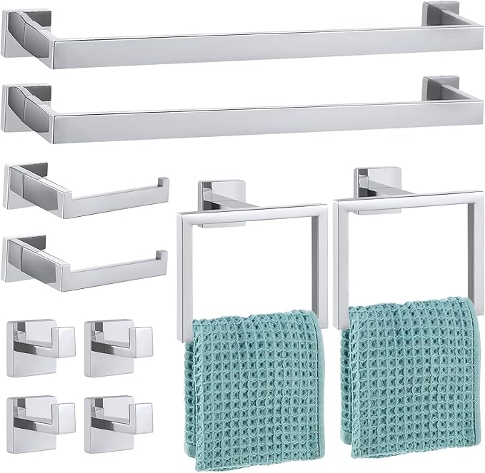 Gisafai 10 Pcs Bathroom Hardware Accessories Set 23.6 Inch Bath Towel Bar Kit Stainless Steel Bathroom Hardware Set Towel Racks Ring Hooks Paper Holder for Wall Mounted (Silver)