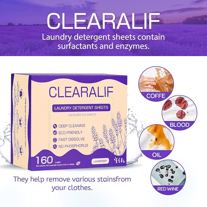 Laundry Detergent Sheets (160 Sheets), Lavender,Up to 320 Loads - Great For Travel,Apartments, Dorms,CLEARALIF Laundry Detergent Strips Eco Friendly & Hypoallergenic (80 Count, Pack of 2)