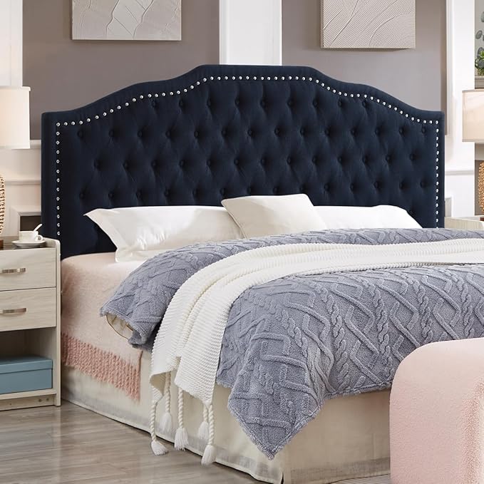 24KF Upholstered Button Tufted King Size Headboard with Nailhead Trim, Elegant Boucle Fabric California King headboard, 6031-K-Boucle-Navy