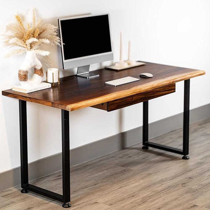Solid Walnut Wood Computer Desk with Drawer– Live Edge Wooden Home Office Desks with Sturdy Metal Legs – Handmade Real Wood Table for Work, Study, or Gaming - 60” x 27”