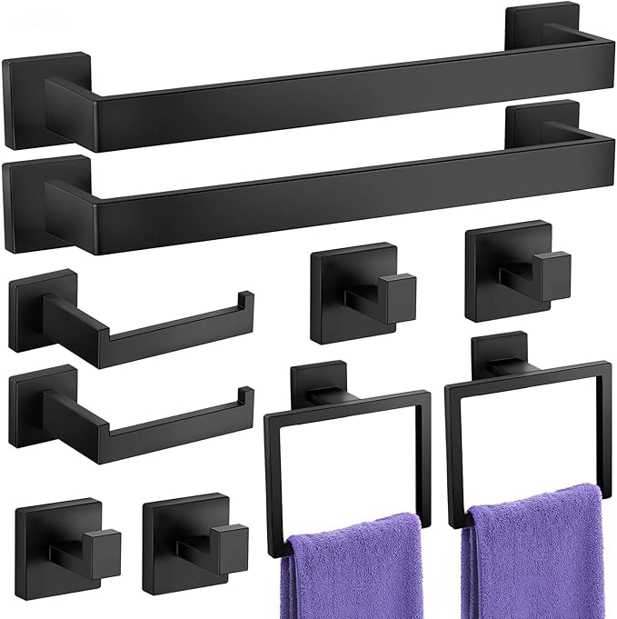 10-Pieces Towel Racks for Bathroom, Matte Black Bathroom Accessory Set, Stainless Steel Black Bathroom Accessories, SUS304 Stainless Steel Wall Mounted, Bath Towel Bar Set