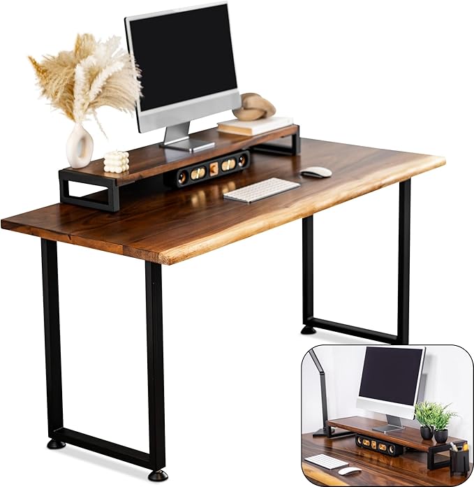 Solid Walnut Wood Computer Desk with Monitor Stand – Live Edge Wooden Home Office Desk – Handmade Real Wood Table for Work, Study, or Gaming - 60” x 27”