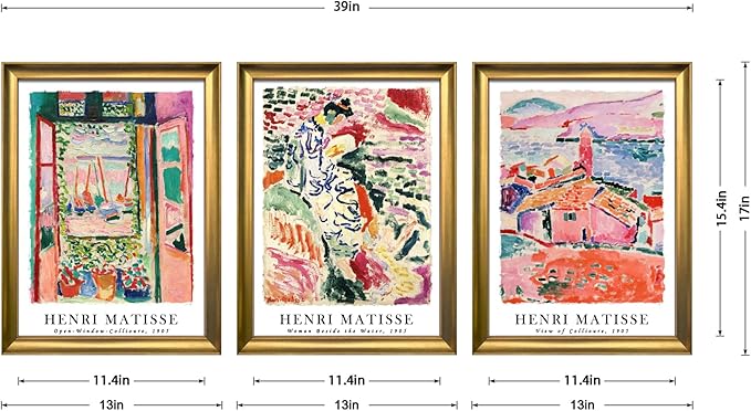 Wieco Art Framed Canvas Wall Art 3 Piece Henri Mattise Art Abstract Colorful Matisse Posters Canvas Prints for Wall and Home Office Decorations Bronze Gold Frame