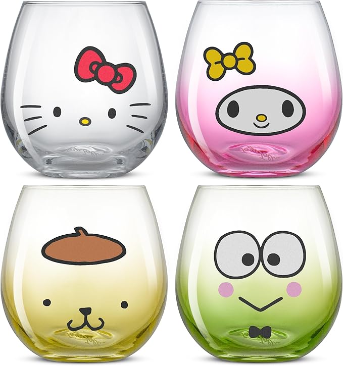 JoyJolt Sanrio Hello Kitty & Friends Hello Sippy Drinking Glasses, 15 oz Stemless Glass Cups Set of 4 ft Hello Kitty Keroppi My Melody Pompompurin, Cute Glasses for Water, Juice, Kawaii Tumbler