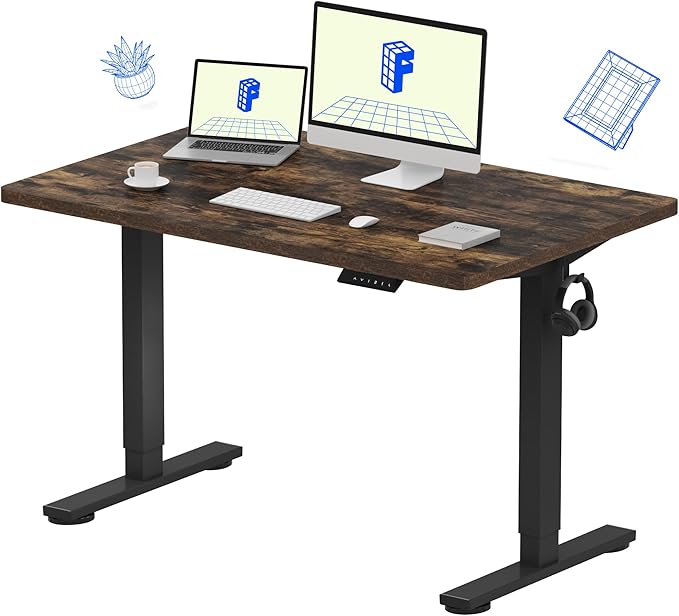 FLEXISPOT EN1 Whole-Piece Standing Desk, 48x30 Electric Sit Stand Desk for Home Office (Black Frame + Rustic Top, 2 Packages)