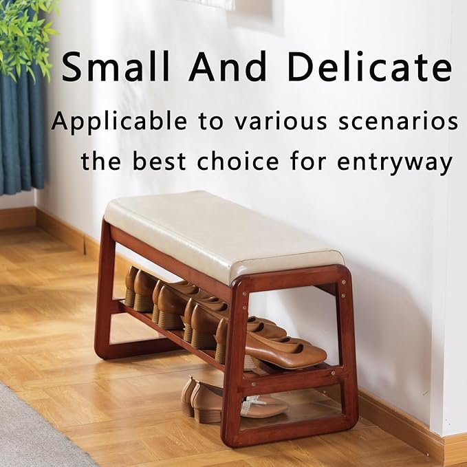 latifolia Solid Wood Bench, Entryway Shoe Bench with Cushion, 2 Tier Shoe Storage Organizer for Hallway, Living Room(Grey,31.50''L)