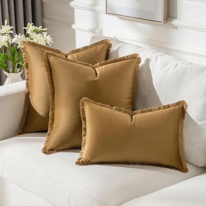 FUTEI Brown Velvet Decorative Throw Pillow Covers 22x22 Set of 2,Soft Cozy Edge with Tassels Cushion Case,Boho Modern Home Decor for Couch Bed Living Room