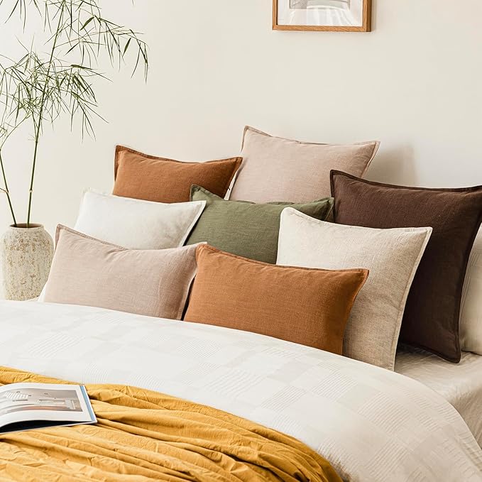 Foindtower Pack of 2, Decorative Linen Soild Throw Pillow Covers Soft Accent Cushion Case Farmhouse Neutral Pillowcase for Chair Couch Sofa Bedroom Living Room Home Decor 24 x 24 Inch Tan Beige