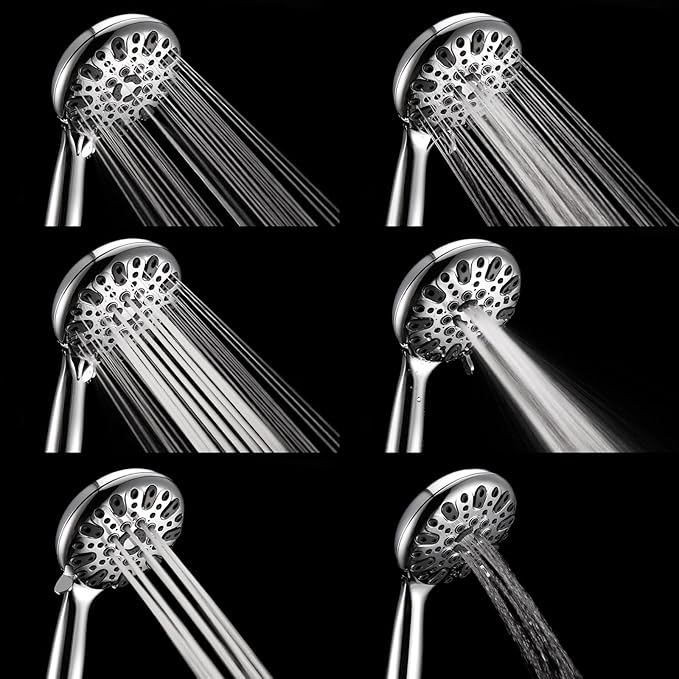 Handheld Shower Head, 6 Spray Setting High Pressure Shower Head with Brass Swivel Ball Bracket and Extra Long Stainless Steel Hose, Chrome, 5"