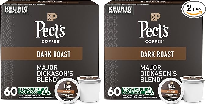 Peet's Coffee, Dark Roast K-Cup Pods for Keurig Brewers - Major Dickason's Blend 60 Count (6 Boxes of 10 K-Cup Pods) (Pack of 2)