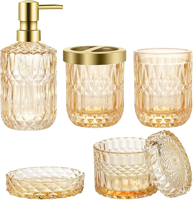Bathroom Accessories Set, 5Pcs Gold Glass Bathroom Accessories Set with Gold Soap Dispenser, Soap Dish, Toothbrush Holder, Tumbler, Cotton Swab Jars