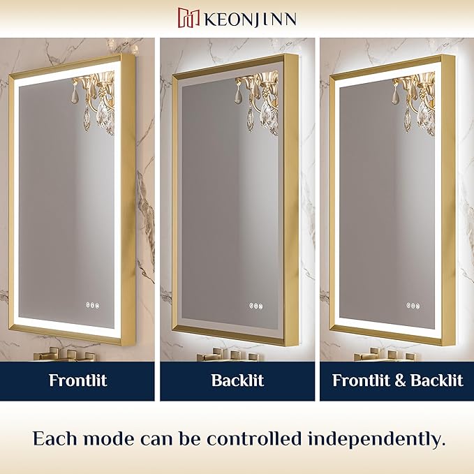 Keonjinn 42” x 36” LED Bathroom Mirror with Frontlit & Backlit, Gold Metal Framed Beveled Edge Mirror for Wall, LED Mirror with Anti Fog, Stepless 3-Color Temperature, UL-Listed LED Driver