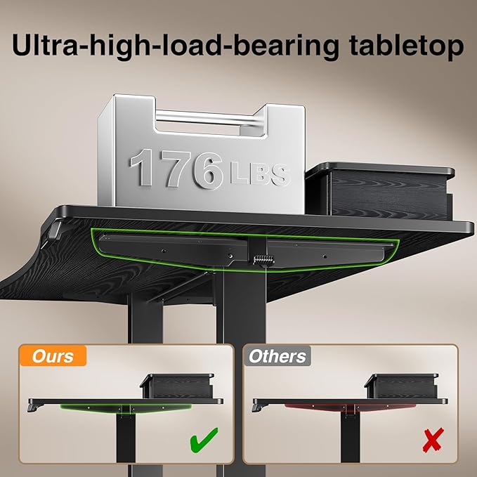 Veken 47.2"×27.6" Standing Desk with Storage Drawers, Adjustable Height Computer Table with Monitor Shelf, Home Office Desk for Study, Gaming, Workstation, Black