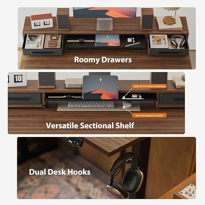 Agilestic 48 Inch Electric Standing Desk with Drawers, Adjustable Desk with Storage Shelf, Stand Up Home Office Computer Table, Splice Board, Dark Walnut