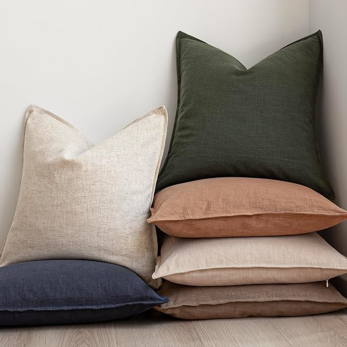 Foindtower Pack of 2, Decorative Linen Solid Throw Pillow Covers Soft Accent Cushion Case Farmhouse Neutral Pillowcase for Chair Couch Sofa Bedroom Living Room Home Decor 22 x 22 Inch Dark Olive Green