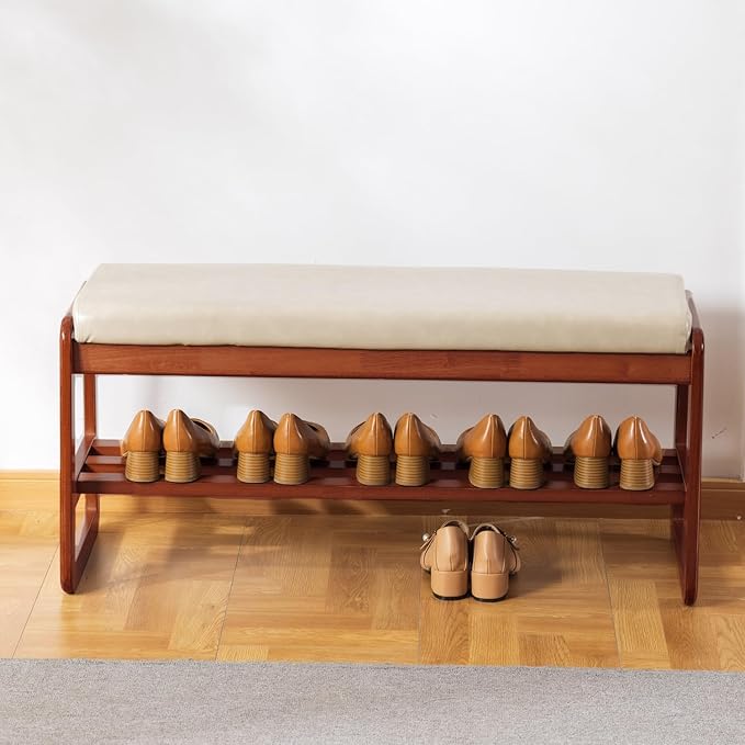 latifolia Solid Wood Bench, Entryway Shoe Bench with Cushion, 2 Tier Shoe Storage Organizer for Hallway, Living Room(Grey,39.70''L)