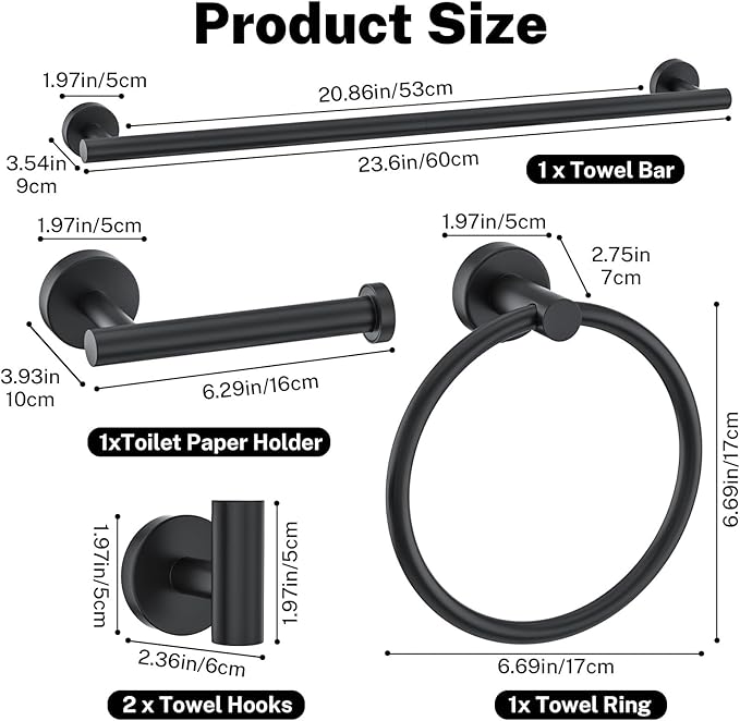 10 Pieces Towel Bar Set Matte Black Bathroom Hardware Set Includes 23.6 Inch Towel Bar,Stainless Steel Towel Holder-Towel Racks Set Wall-Mounted Bathroom Accessory Set